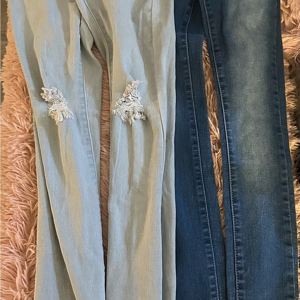 Fashion Nova Distressed Light Blue and Classic Dark Blue Skinny Jeans